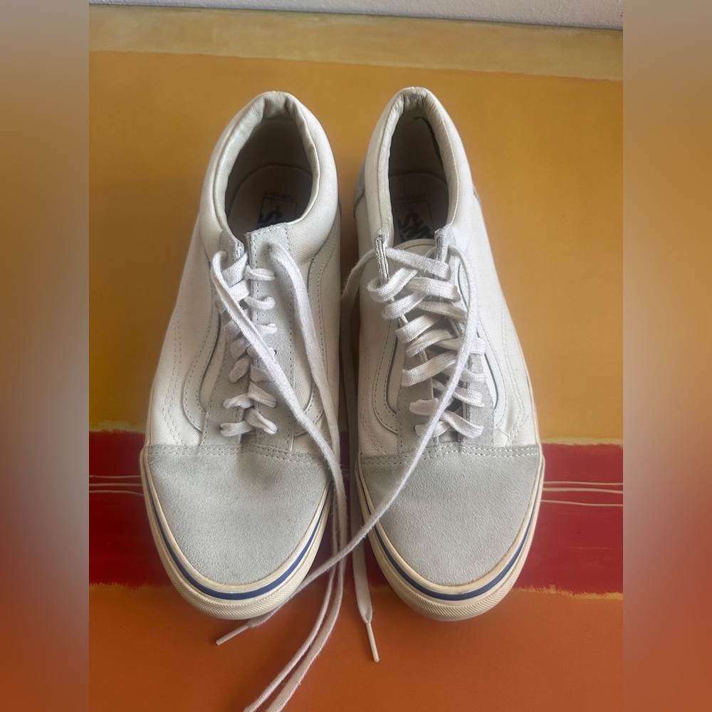 Vans White Canvas & Light Gray Suede OG Old Skool Sneakers Size 12